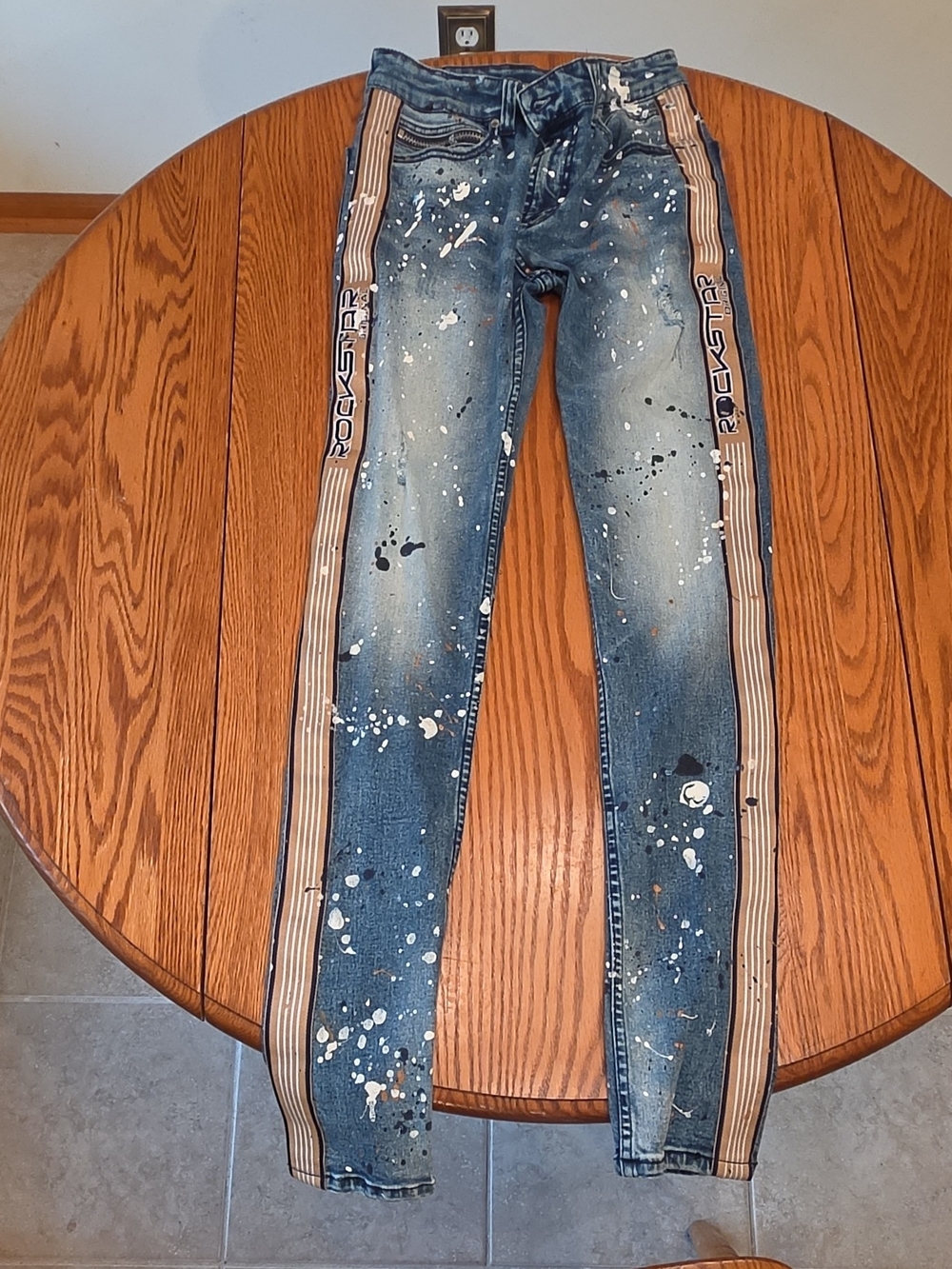 Men's RockStar Blue Splatter Skinny Jeans with Striped Side Panels S 30-32